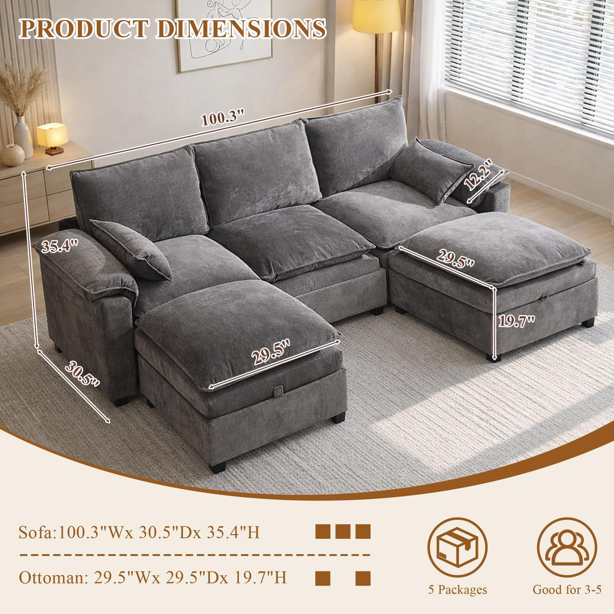 108" Modular Sectional Sofa with Storage Ottoman, Sectional Couches for Living Room, Chenille U Shaped Cloud Couch with Pillow, Deep Seater Sofa for Apartment, Light Gray