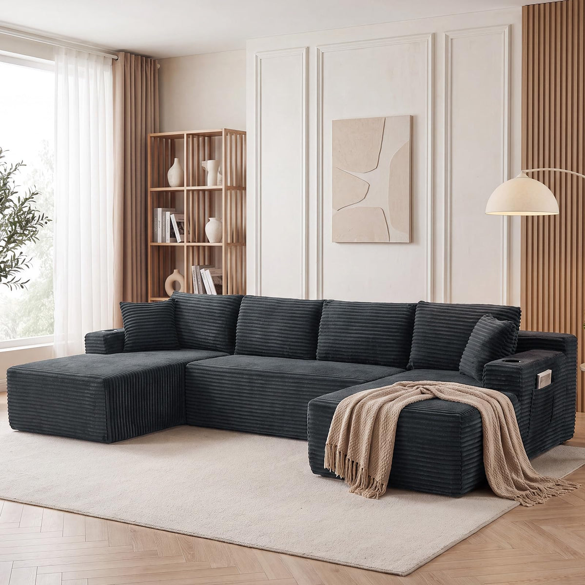 133.5" U Shaped Boneless Couch with Cupholders & Side Pockets, Grey