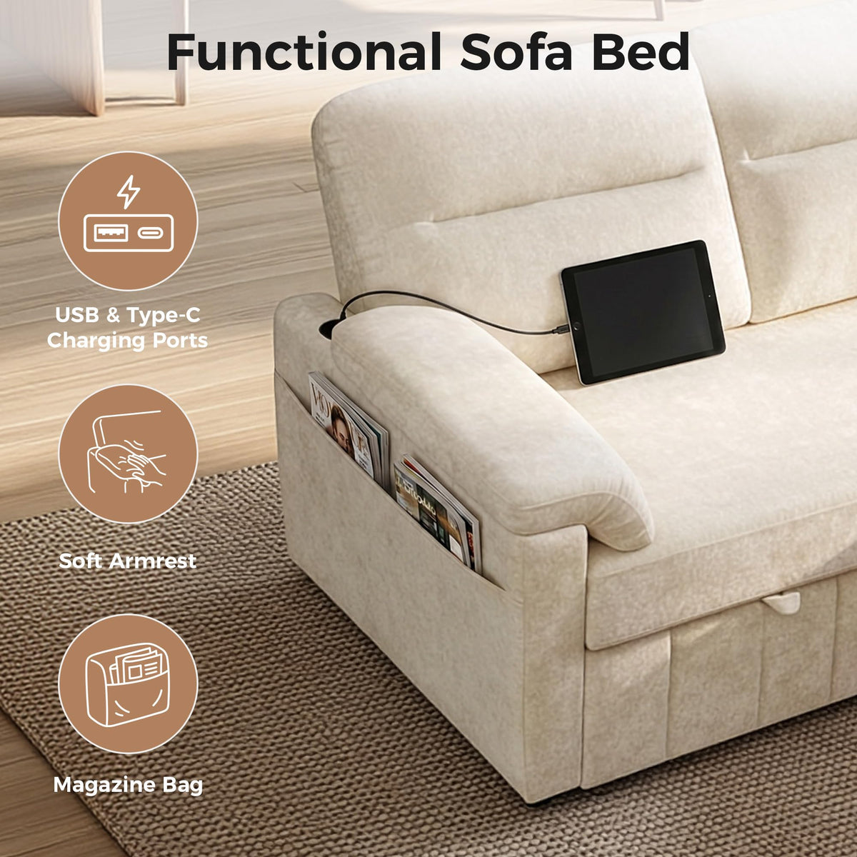 Tbfit 107" U-Shaped Sectional Sleeper Sofa, 7-Seat Sofa with USB & Storage Chaise for Family Rooms, Beige