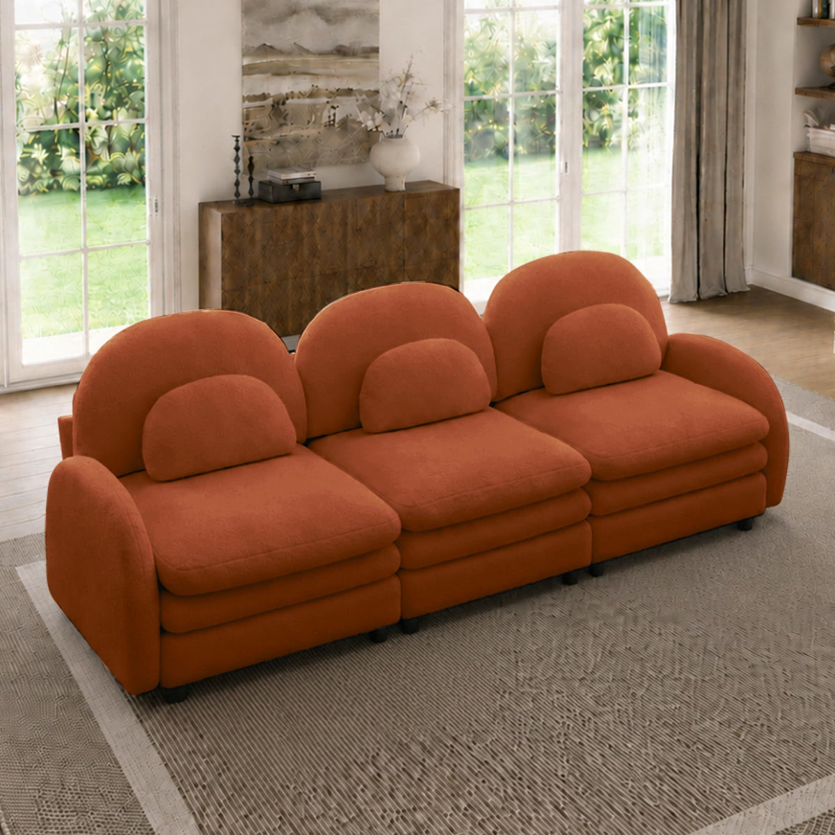 129.1" Modular Sectional Couch, Teddy Fleece Fabric, Orange
