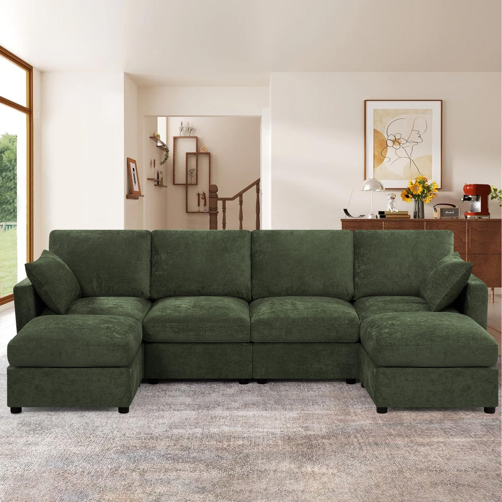 110" Chenille 4 Seats Couch with 2 Ottomans, Black
