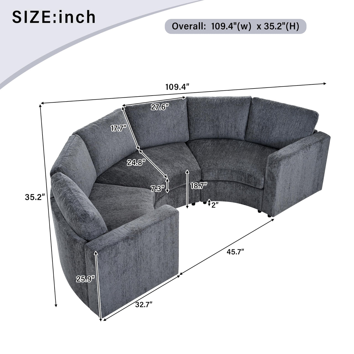 109.4'' Curved Modular Sectional Sofa,3 Seat Semi Circular Chenille Couch