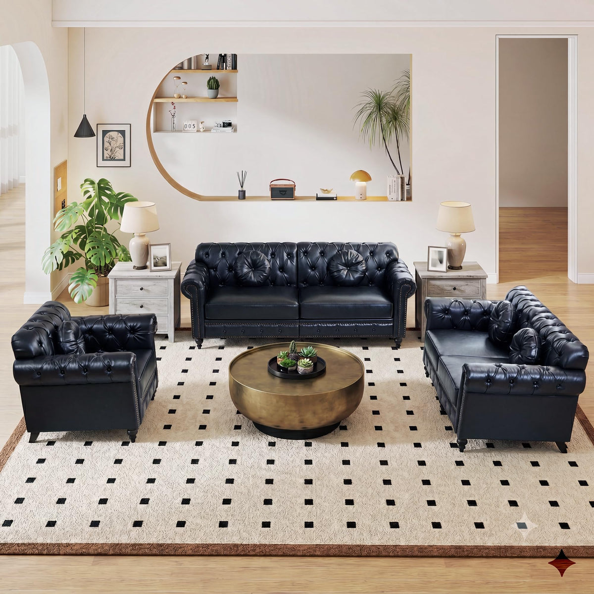XUZENEST 3-Piece Chesterfield Sofa Set with 3-Seater Sofa&Loveseat&Chair