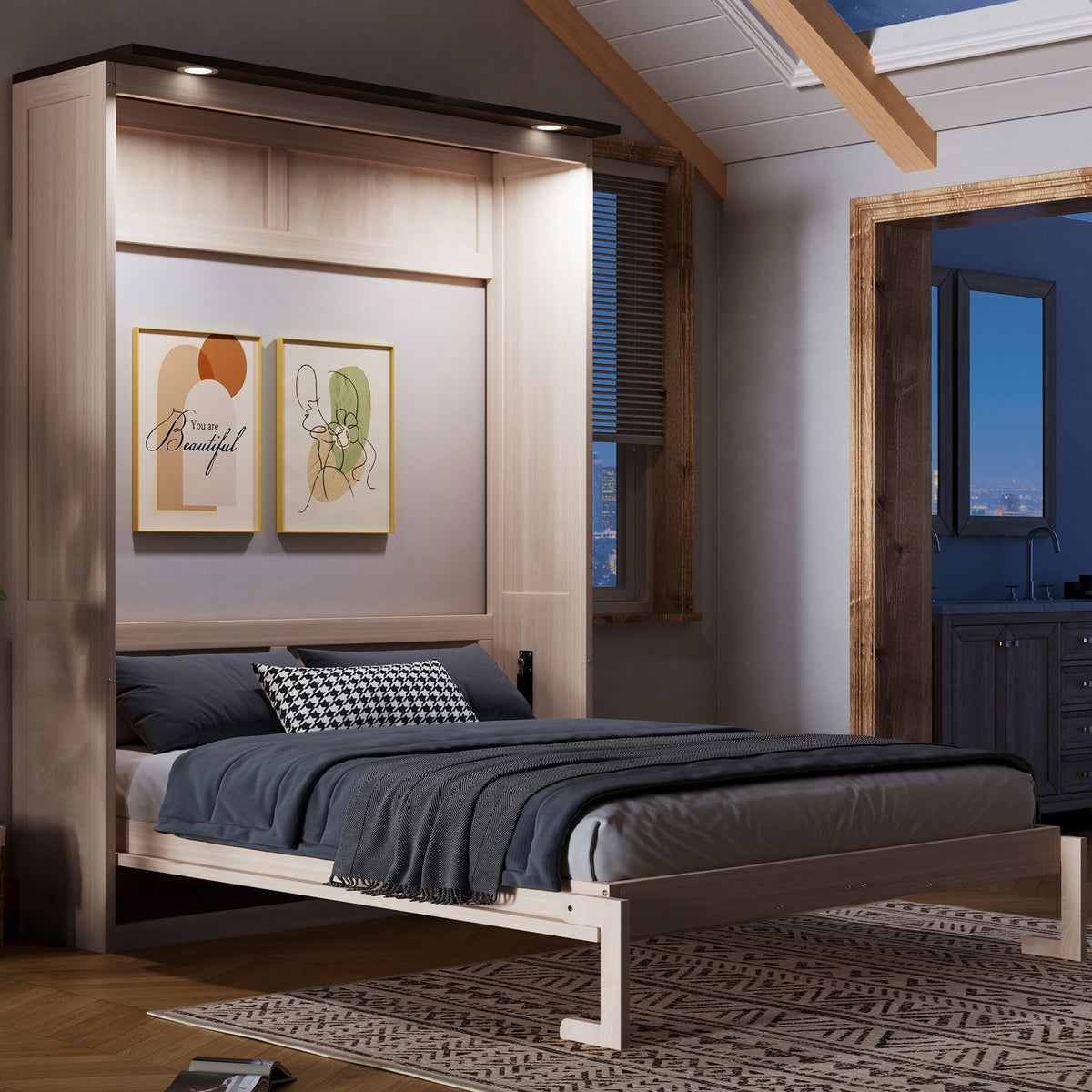 Twin Size Murphy Bed with Open Shelving, Sofa Front and Printed Panel