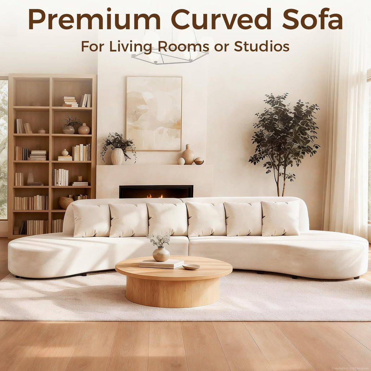 134" Curved Modular Sectional Sofa, Half-Moon Armless Velvet Couch with 6 Pillows, Solid Wood Frame, High-Density Foam, Connector Plates Included, for Living Room/Reception, Off-White