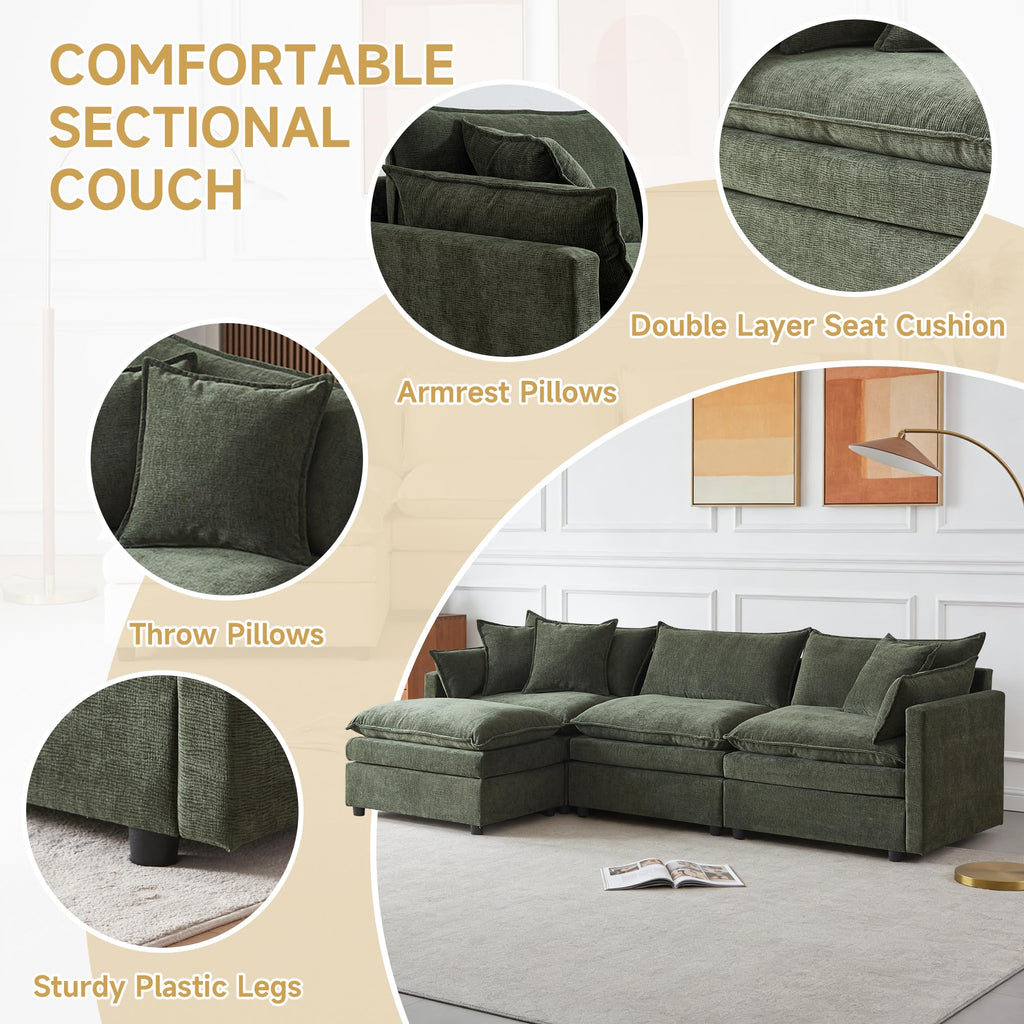 108.66" L Shaped Modular Sectional Couch, Comfy Chenille Upholstered Cloud Couches with Movable Ottoman for Living Room, Modern 3 Seater Sofa with Pillows for Apartment, Green