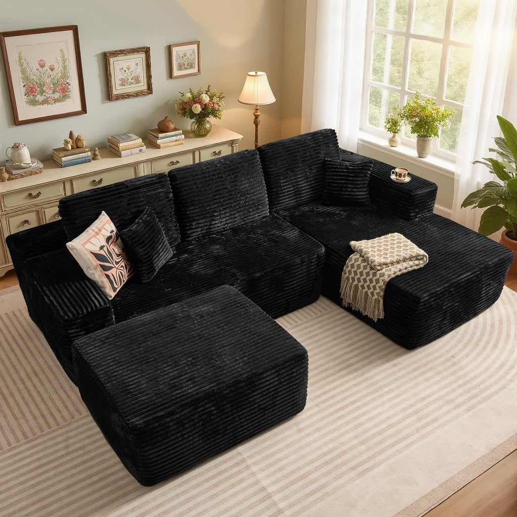 106" Cloud Sectional Couch with L-Shape Chaise & Ottoman, No Assembly Modular Sofa, Deep Seat Plush Corduroy Boneless Couched for Living Room (Black Plush Corduroy, L Shape with Ottoman-Left Facing)
