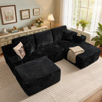106" Cloud Sectional Couch with L-Shape Chaise & Ottoman, No Assembly Modular Sofa, Deep Seat Plush Corduroy Boneless Couched for Living Room (Black Plush Corduroy, L Shape with Ottoman-Left Facing)