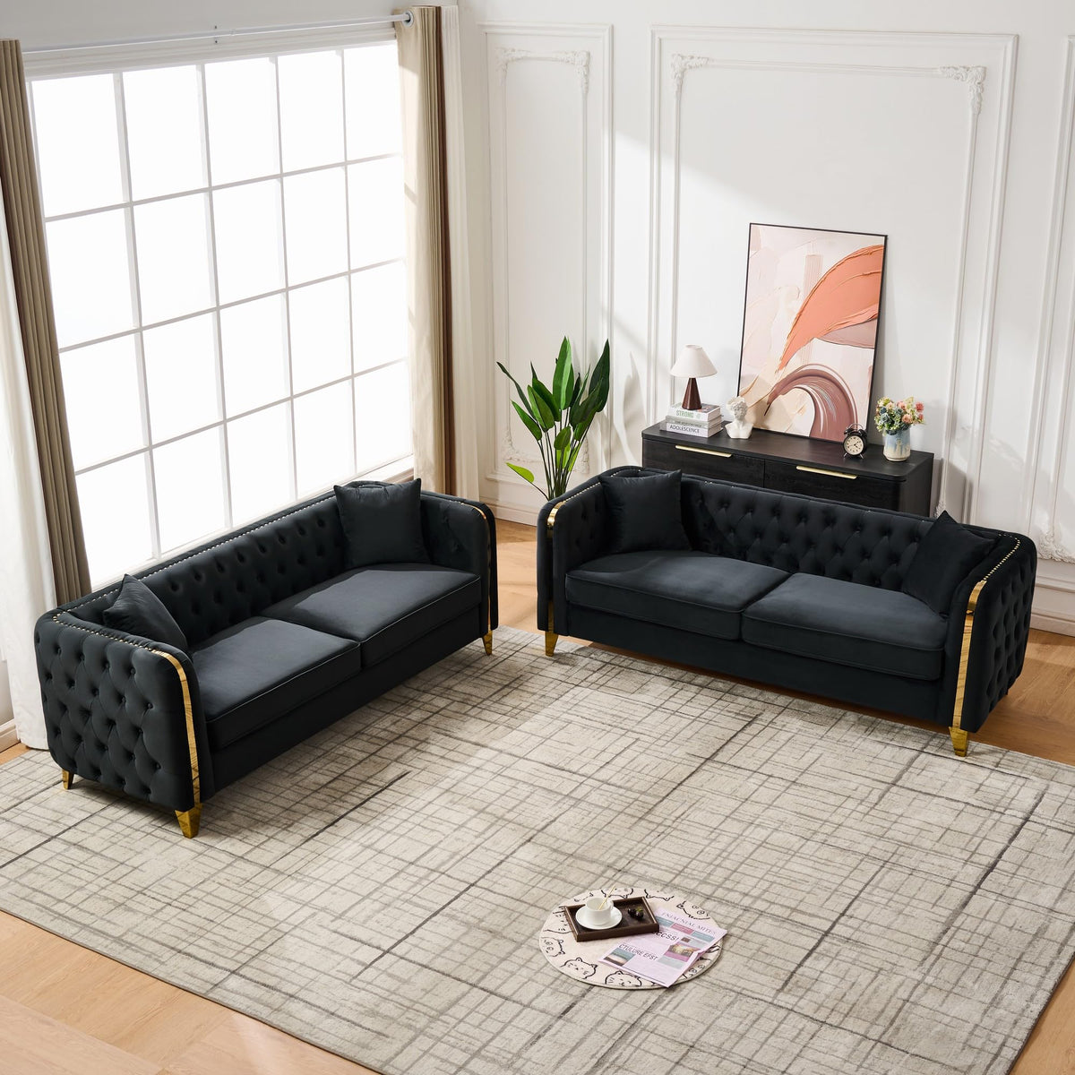 Velvet Chesterfield Sofa Set of 2, Mid Century Modern Deep Seat Loveseat + 3 Seater Couch with Golden Legs and Button Tufted, Upholstered Comfy Sofa with 2 Pillows for Living Room, Black Gold