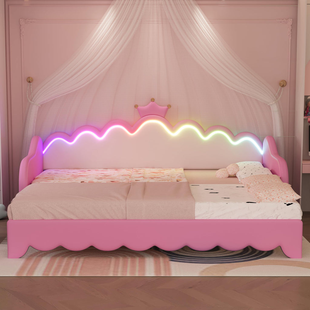 Twin Extending Daybed with LED Lights, Upholstered Princess Daybed with Crown Headboard,Pink
