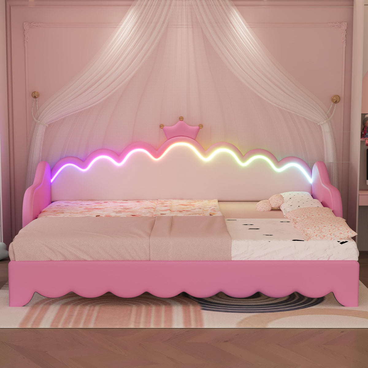 Twin Extending Daybed with LED Lights, Upholstered Princess Daybed with Crown Headboard,Pink