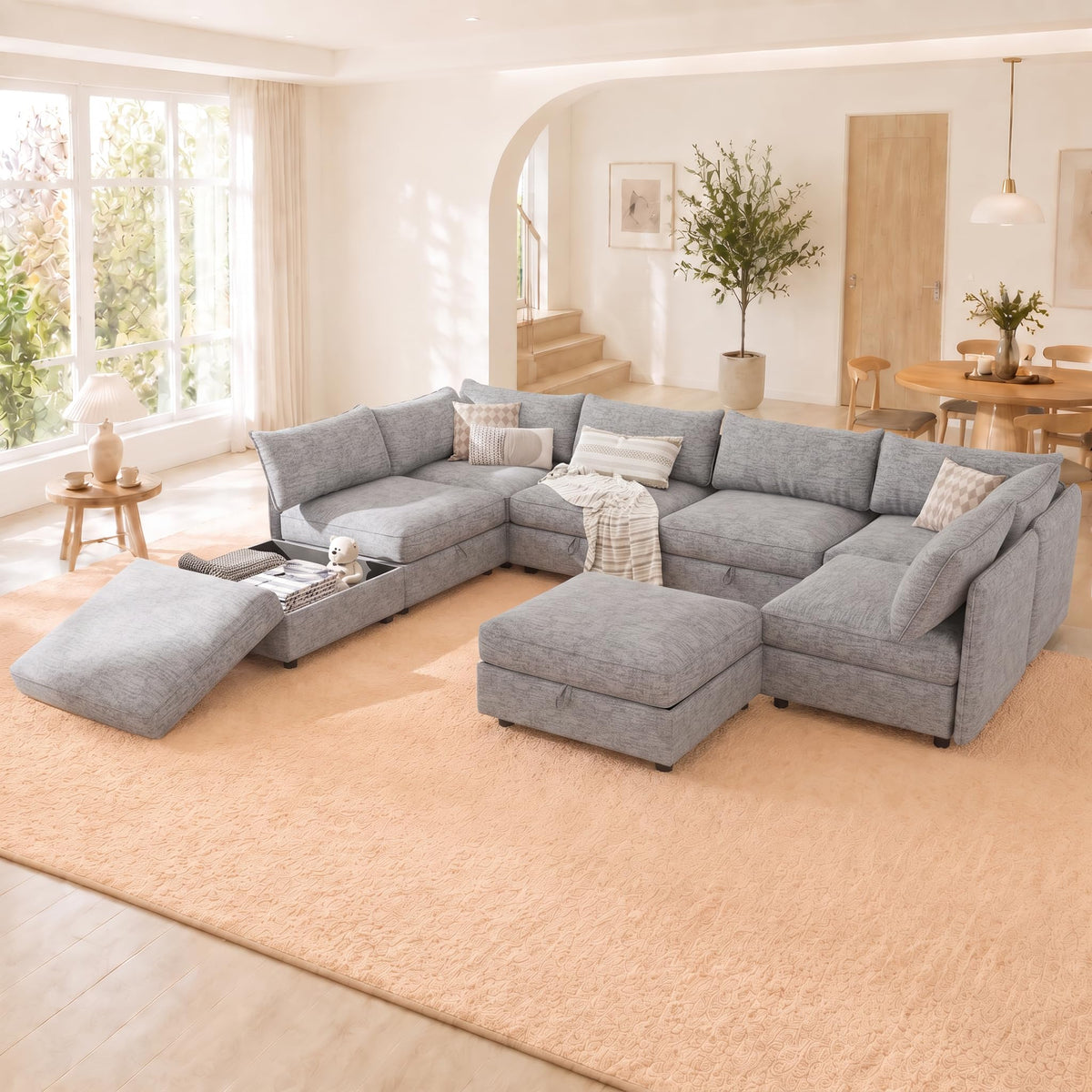 127'' Modular Sectional Sofa,FSC Certified 6 Seater Sectional Sofa,Chenille Couch with Removable Washable Covers,Modern Couch with Ottoman,U Shaped Couch with Storage,Beige Couches for Living Room