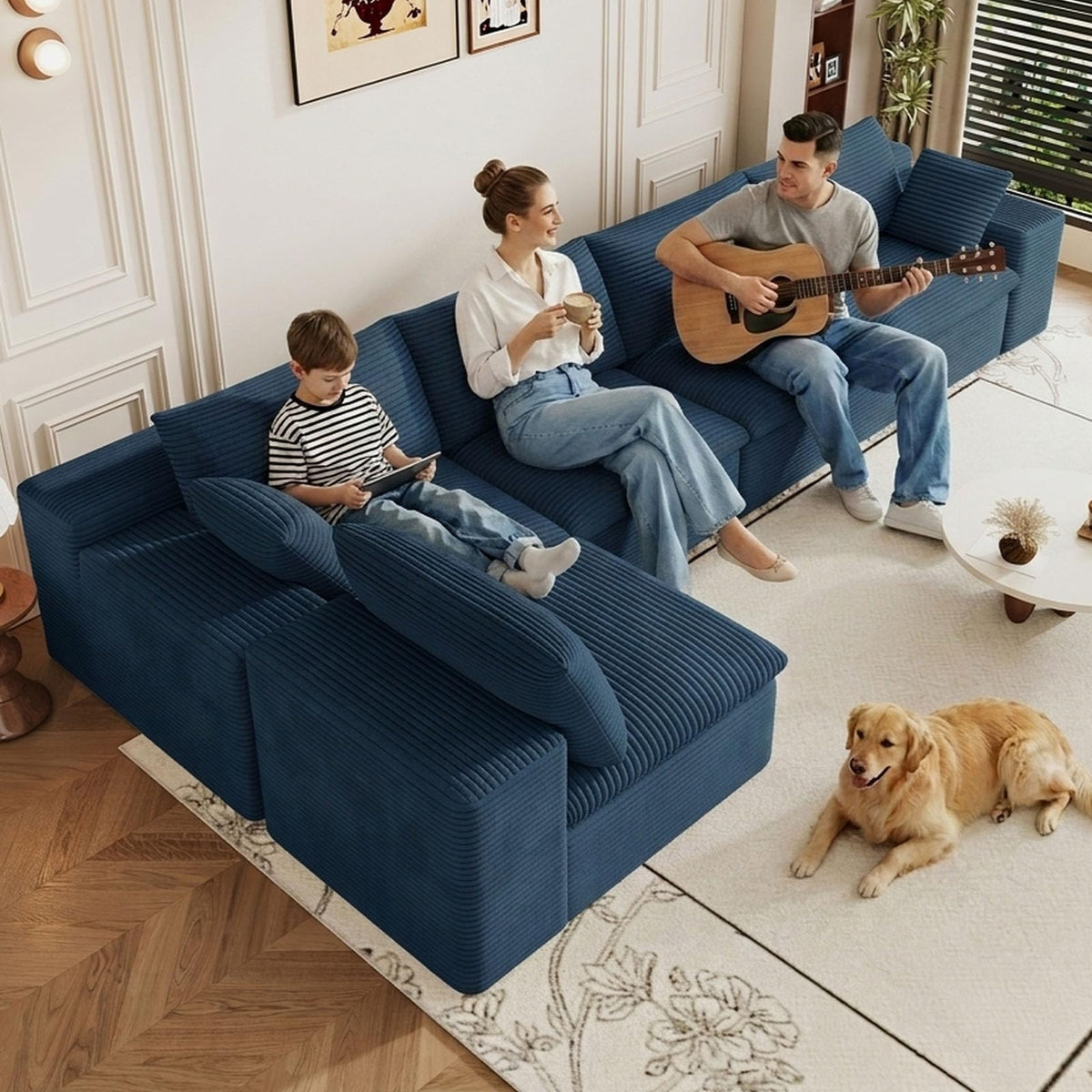 107" Cloud Couch Modular Sectional Couchs with Chaise Lounge, U-Shape Boneless Couches with Ottoman for Living Room, Corduroy Sofa with Deep Seat, No Assembly Required (Green, Left Facing Chaise)