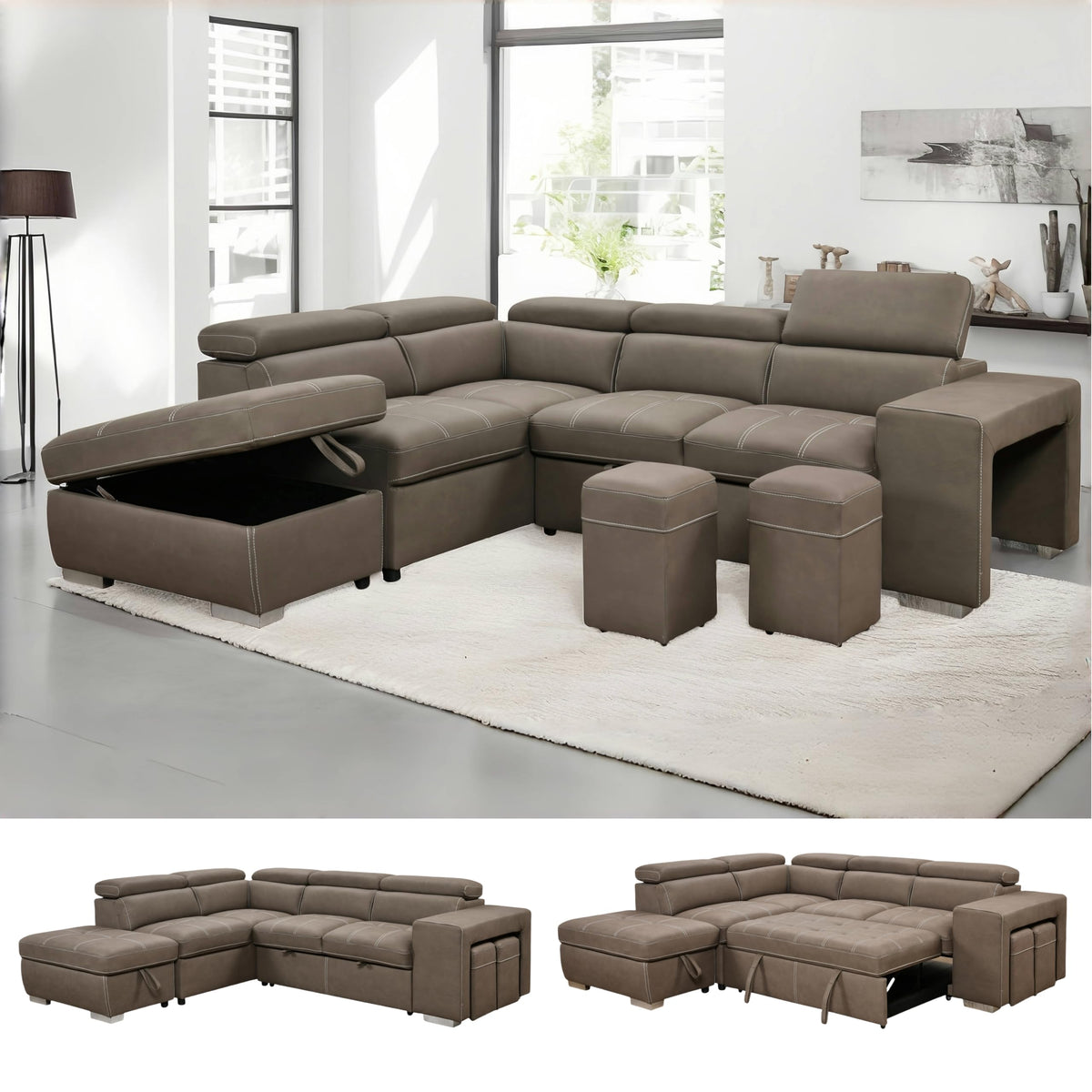 THSUPER 104'' Microfiber L Shaped Sectional Sleeper Sofa Couch with Pull Out Bed and Storage Ottoman, Convertible Couches with Adjustable Headrest for Living Room, Left Facing Chaise. Charcoal Grey