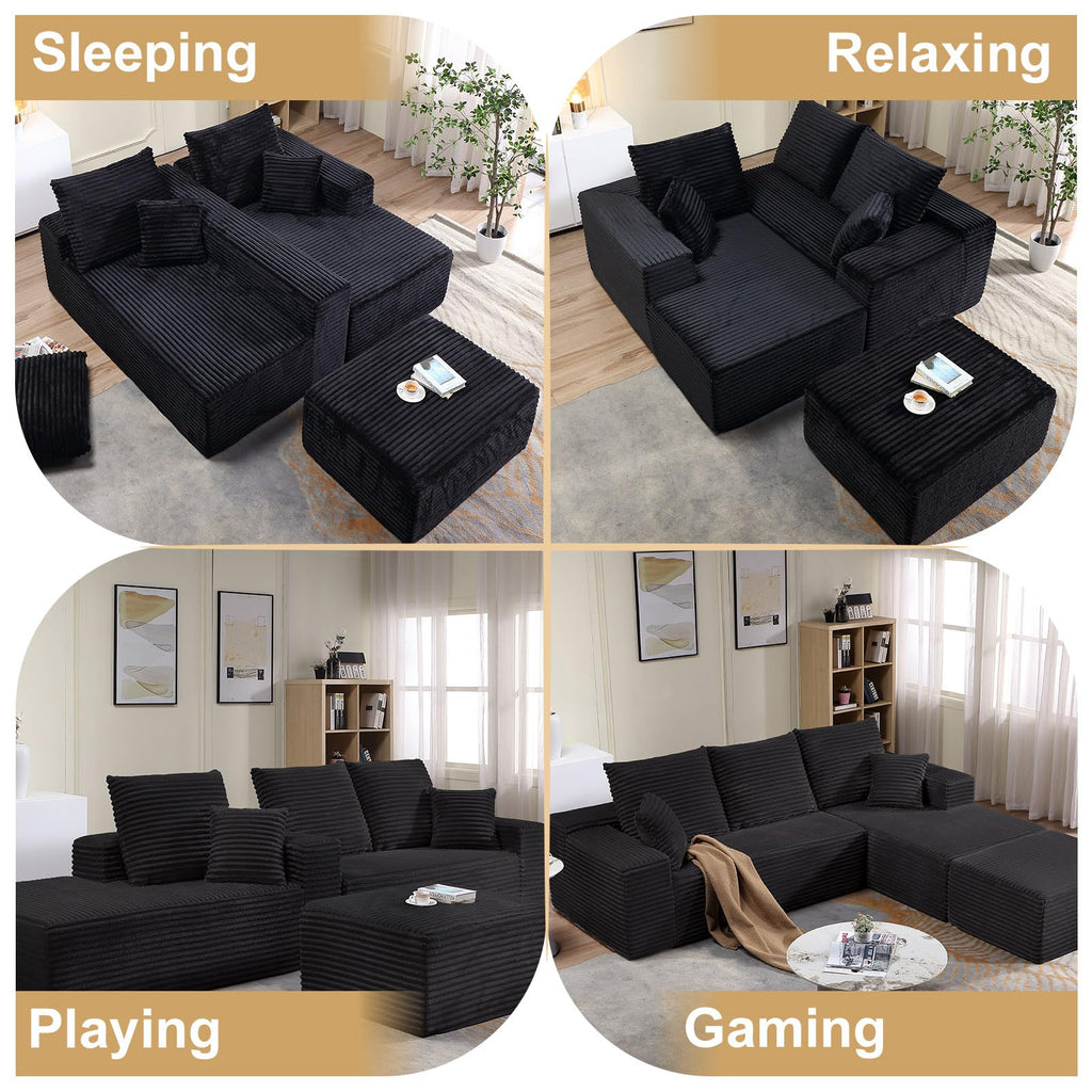 107" Corduroy Modular Sectional Sofa with Ottoman,Modern U-Shaped Cloud Couch with Deep Seat,Comfy 3-Seater Sofa for Living Room,No Assembly (Black,Right-Facing Chaise)