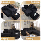 107" Corduroy Modular Sectional Sofa with Ottoman,Modern U-Shaped Cloud Couch with Deep Seat,Comfy 3-Seater Sofa for Living Room,No Assembly (Black,Right-Facing Chaise)