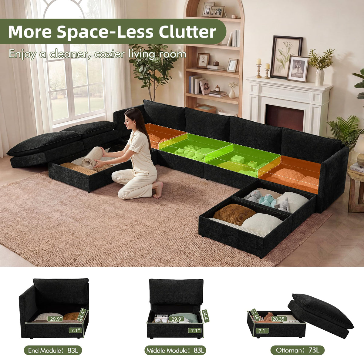 WorthFurni Modular Sectional Sofa Bed with Storage Ottomans,135" Cloud Couch,6-Seater Comfy Modern Couches with Pillows & Upholstered Deep Seat Cushion for Apartment Living Room Bedroom（Black）