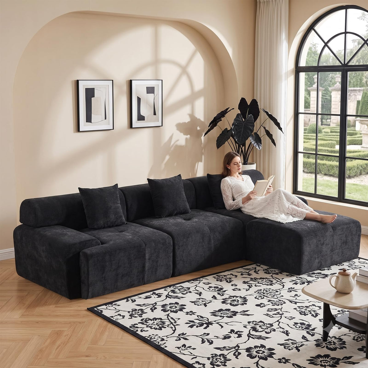 120" Cloud Couch Sectional, Boneless L-Shaped Sofa, Chenille Sofa, Black