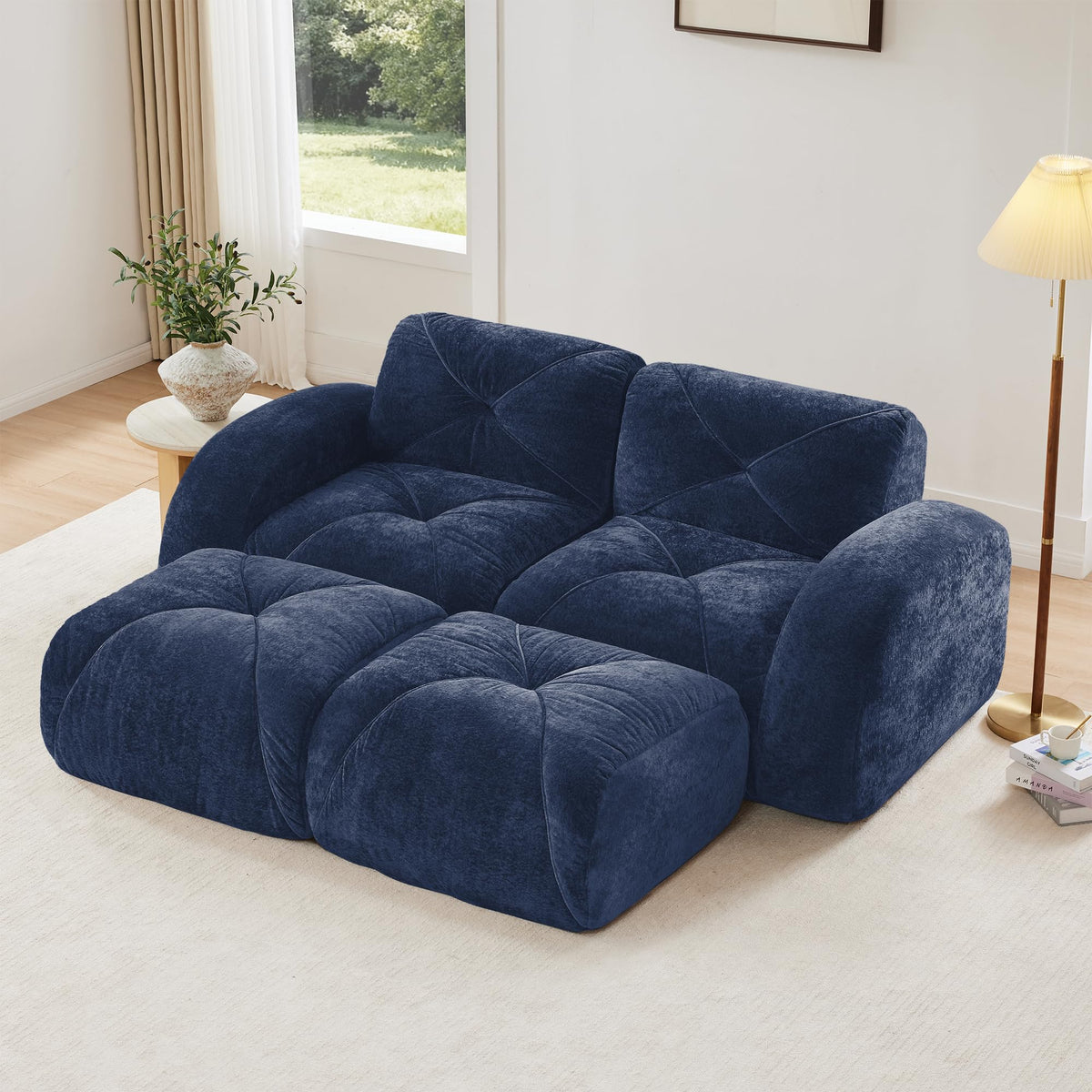 U-Shaped Boneless Sofa, Tufted 32d High Density Sponge Bottom, Anti-Slip Design, No Assembly Required, Free Combination, Movable Ottomans for Living Rooms, Home Theater, Blue