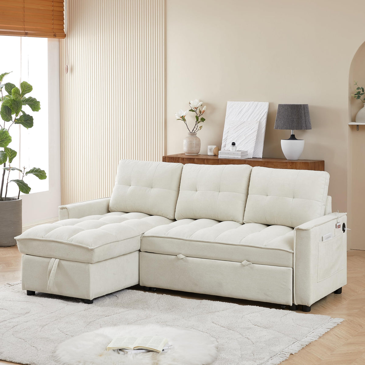 Tidyard Reclining Sectional Sofa, Pull Out Sleeper Bed with USB Charging Ports, 71.3 Inch L Shaped Couch with Storage, Chenille Fabric for Living Room