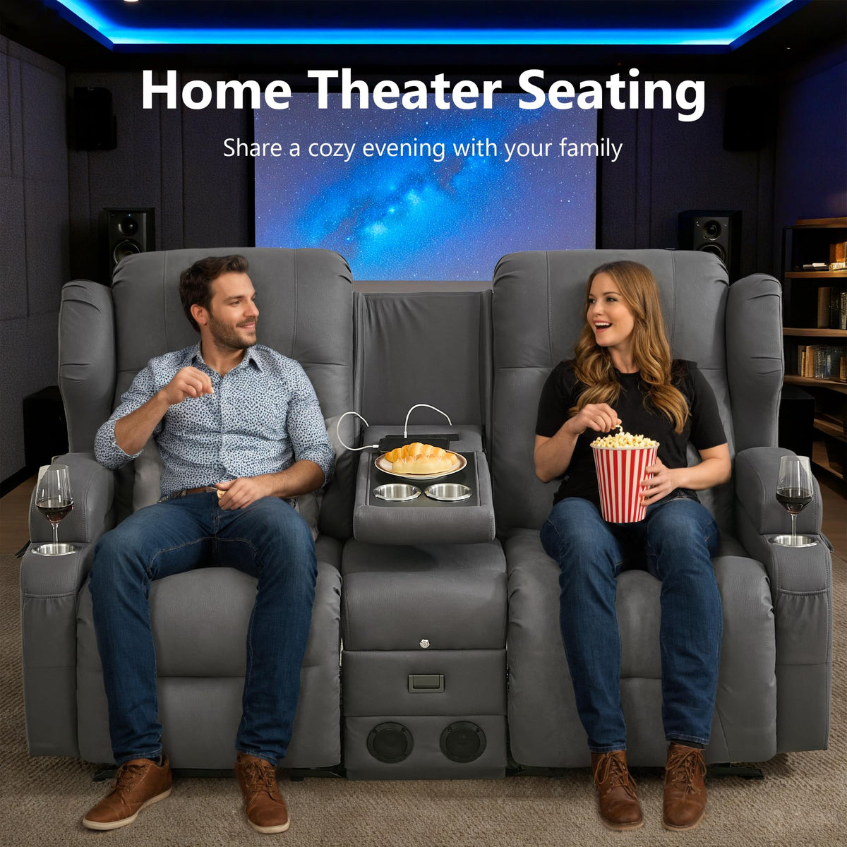 URRED Manual Loveseat Rocker Recliner Sofa with Console，Dark Gray