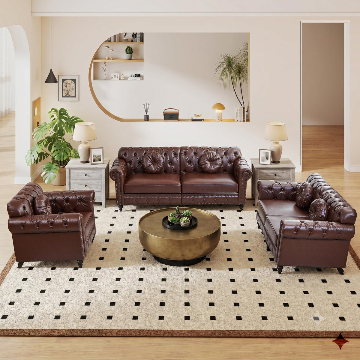 XUZENEST 3-Piece Chesterfield Sofa Set with 3-Seater Sofa&Loveseat&Chair