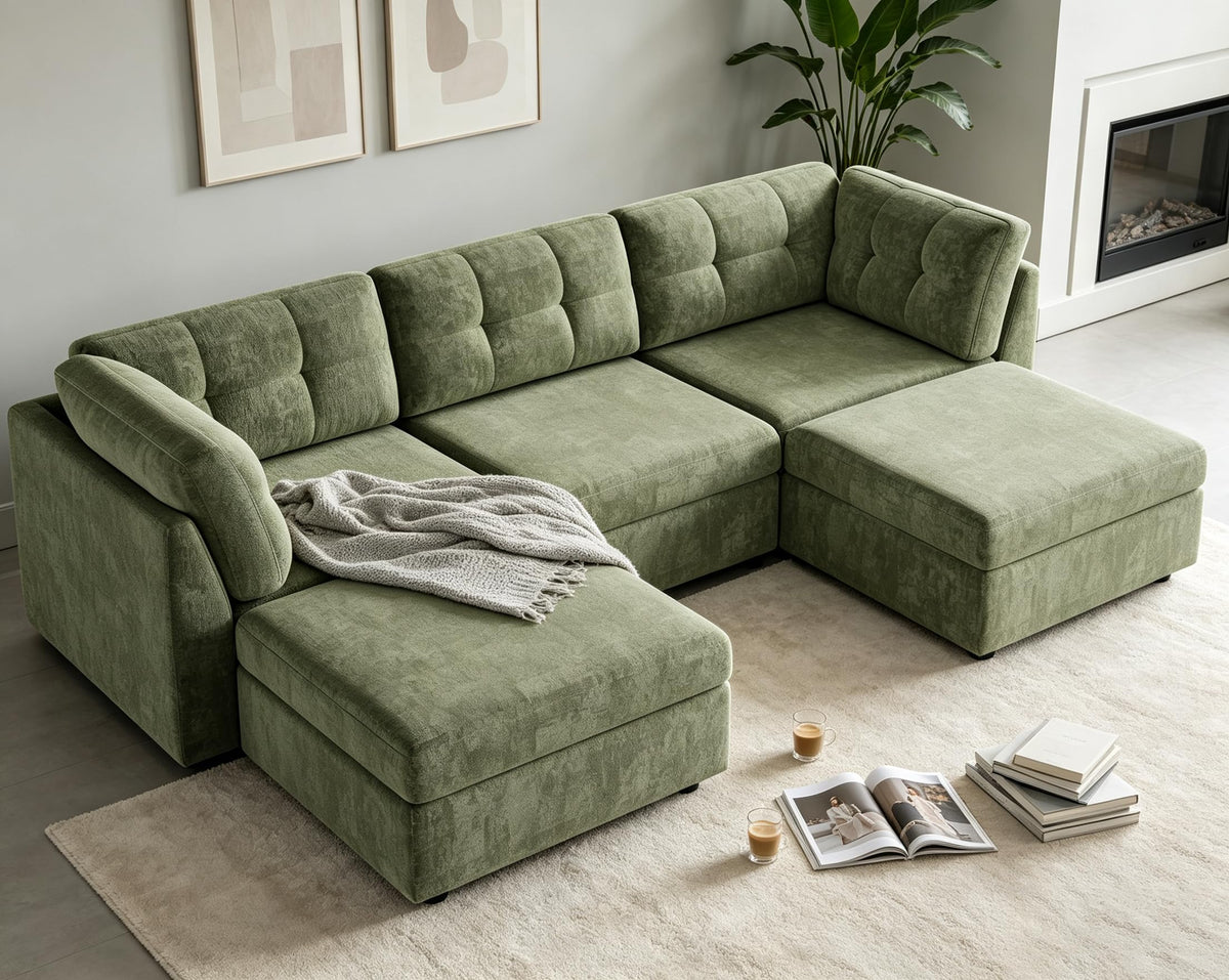 VANOMi Sectional U-Shaped Sofa for Living Room, Modualr Sofa Couch, Green