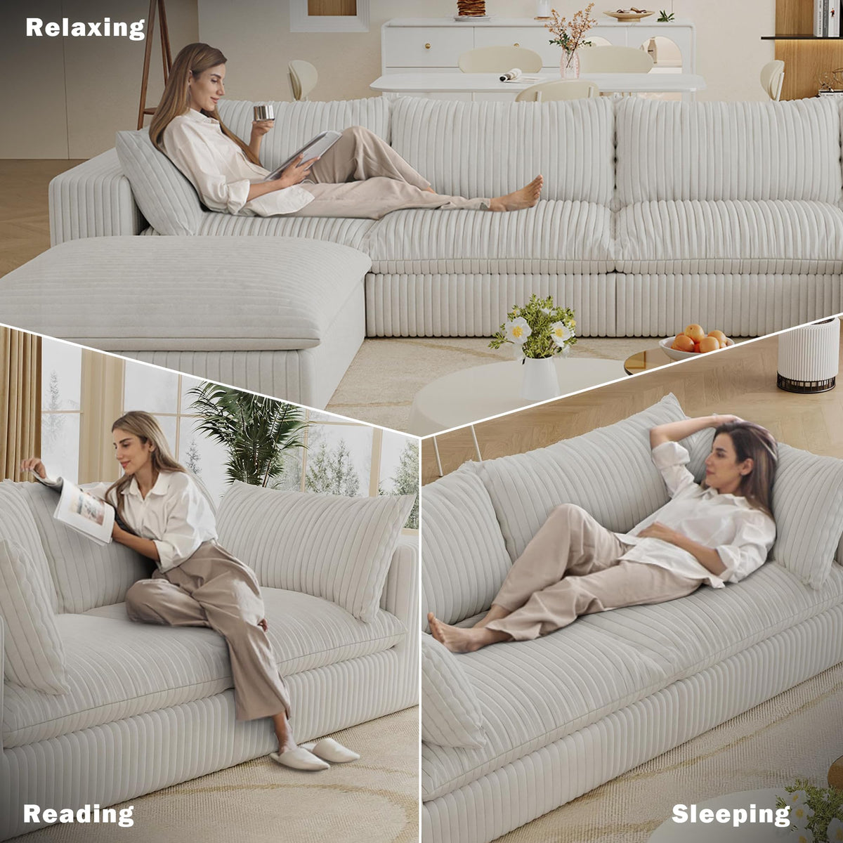118.2" L‑Shape Modular Cloud Sectional Sofa, 3‑Seater Couch with Ottoman