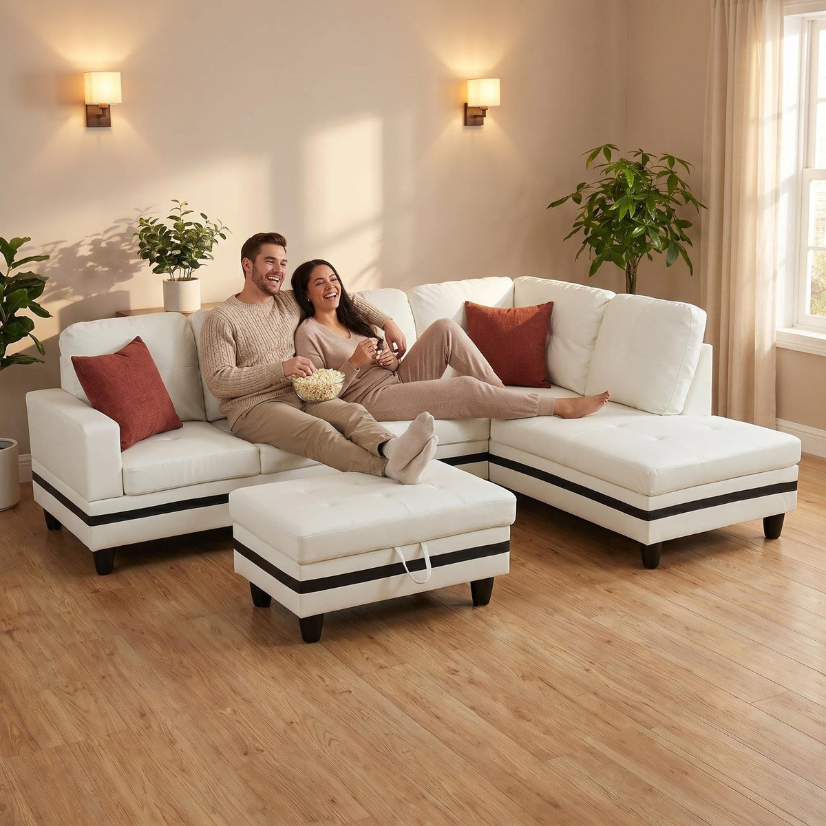 103.5" Sectional Couch with Movable Ottoman, L Shaped 4 Seater PU Faux Leather Sofa w/Chaise Lounge, Comfy Modern Modular Couch for Living Room, Apartment, White Stripes, Right, 3PCS