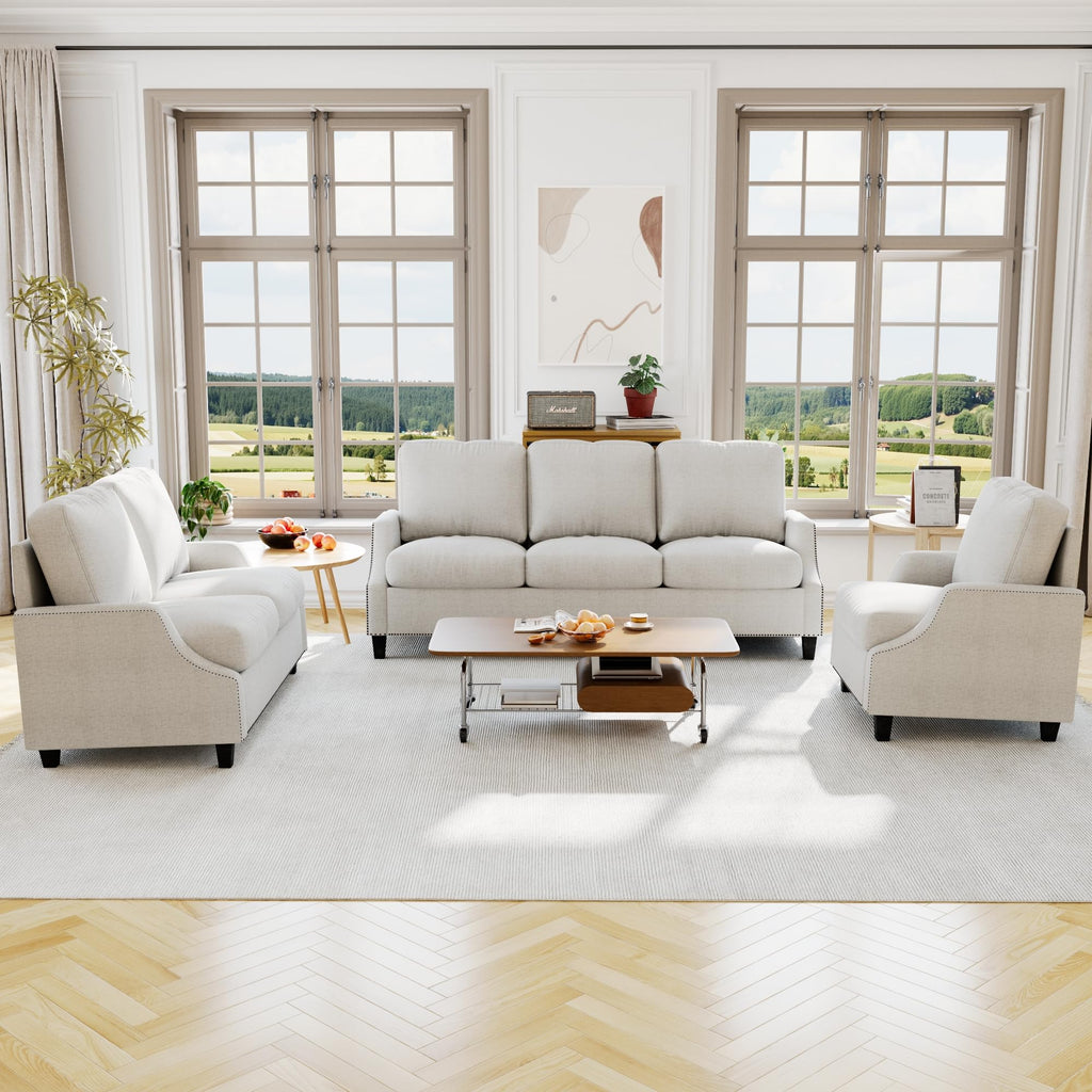 Tidyard Living Room Sofa Set, Sectional Couch with Loveseat&Armchair, Modern 3-Seater+2-Seater+Accent Chair Furniture for Apartment, Fabric Upholstery, Wooden Frame, Pocket Springs, Removable Covers