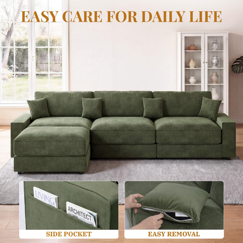 Vipbear 114" Modular Sectional L Shaped Sofa Couches,for Living Room,Oversized Cloud Couch with Movable Ottoman,Comfy Chenille Sofa with Pillow,Side Pockets,Bedroom,Apartment,Green