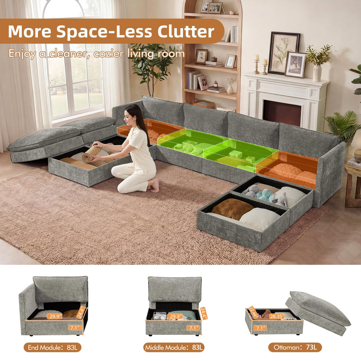 WorthFurni Modular Sectional Sofa Bed with Storage Ottomans,135" Cloud Couch,6-Seater Comfy Modern Couches with Pillows & Upholstered Deep Seat Cushion for Apartment Living Room Bedroom（Gray）