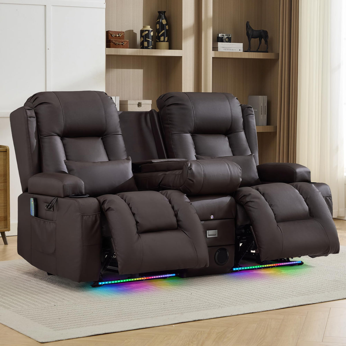 TUNYI Wall Hugger Loveseat Recliner Sofa with Console, Power Reclining Loveseat RV Couch with Massage & Heat/USB/Outlet/Storage/LED Light/Speaker (Blue, 2 Seat with Console)
