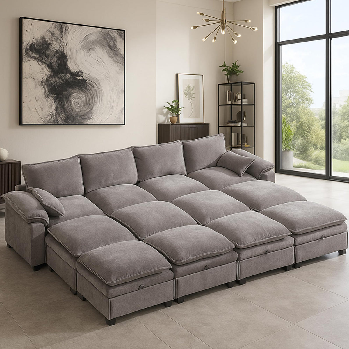 130" Modular Sectional Sofa with Storage, Premium Chenille Cloud Couch with Movable Ottomans, 1200lbs Heavy Duty Deep Seat Sectional, High-Density Foam (Light Gray, 4 Seater & 8 Ottoman)