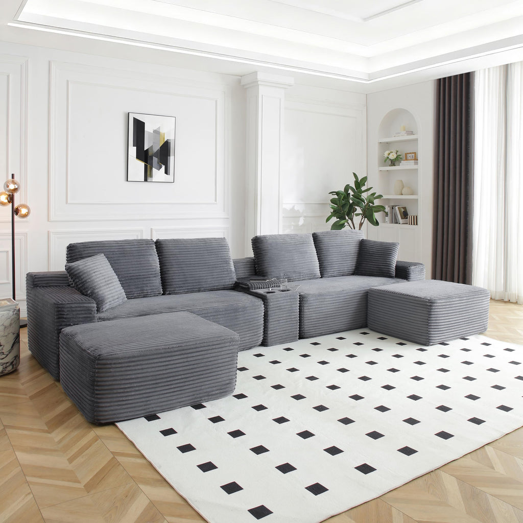 125" U Shaped Sectional Couch,Boneless Cloud Couch Featuring USB Ports,Cup Holders & Storage.Made of Corduroy Fabric and Features Two Movable Sofa Modules for Flexible Living Room Layouts. (Gray)