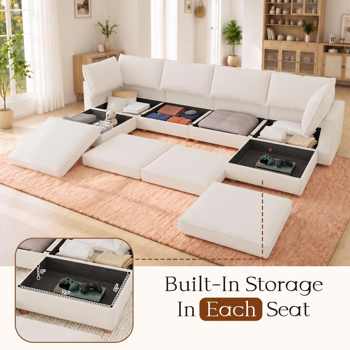 128'' Modular Sectional Sofa,8 Seat Chenille Sectional Sofa with Washable Covers,FSC Certified Modern Sectional Sofa with Storage & Ottoman,Convertible U/L Shaped Couch,Beige Couches for Living Room