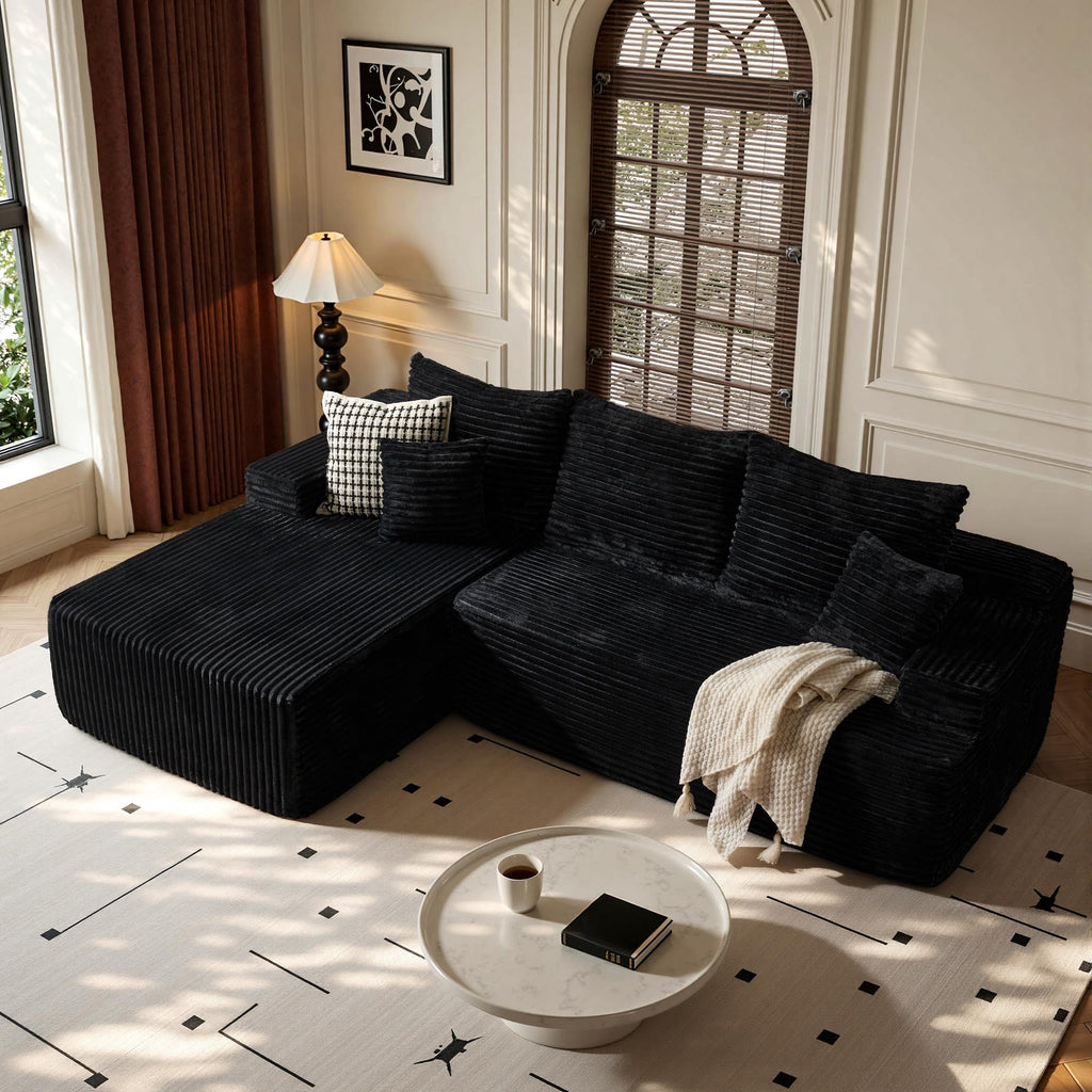 104" L-Shape Modular Sectional Sofa Couch,Comfy Upholstered Cloud Couch for Living Room,Modern Minimalist Couches,Deep Seat,No Assembly Required (Black,Plush Corduroy, Right Facing Chaise w/Ottoman)