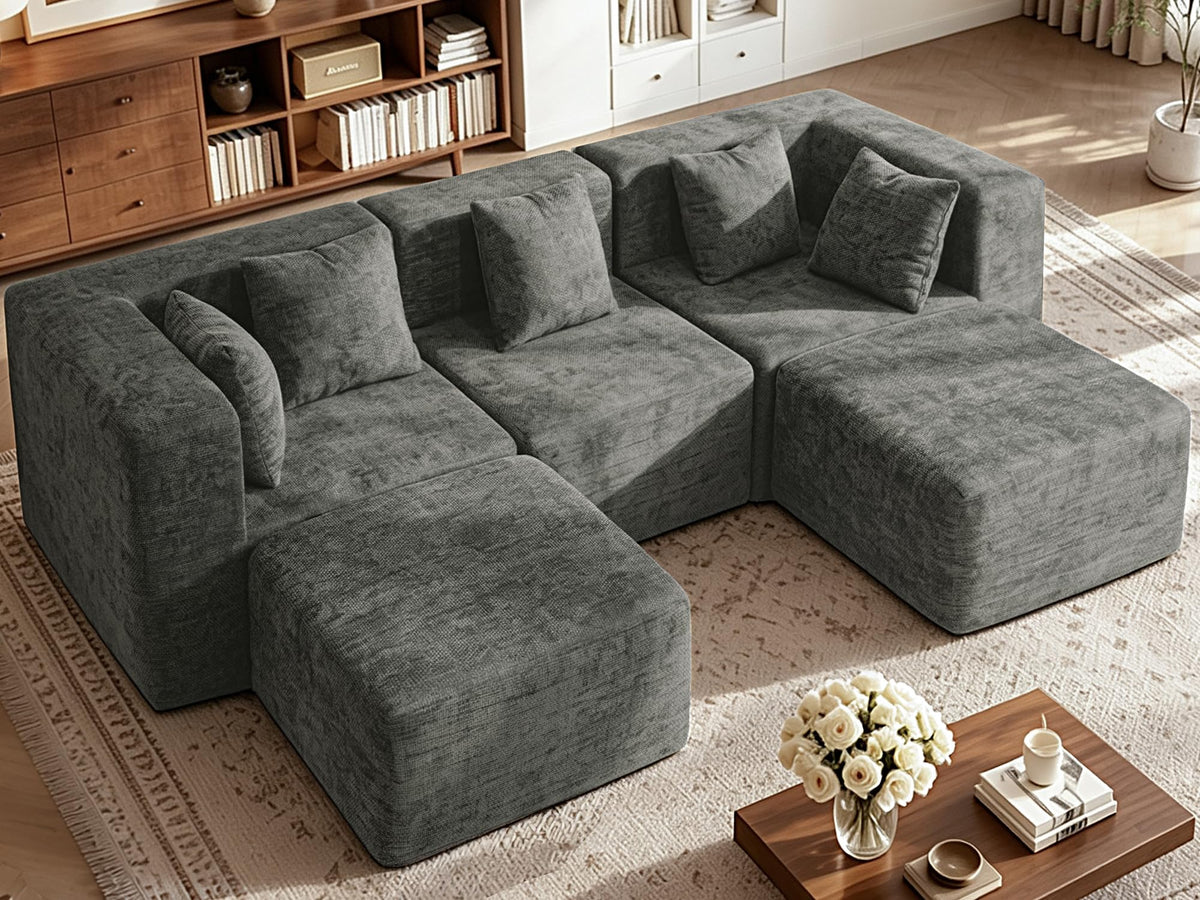 103" Three-Layer Sponge Boneless Couch sectional for Living Room Modular sectional Sofa High-Back 4-Seater L-Shape Couch with Ottoman Memory Foam Waterproof Chenille Black