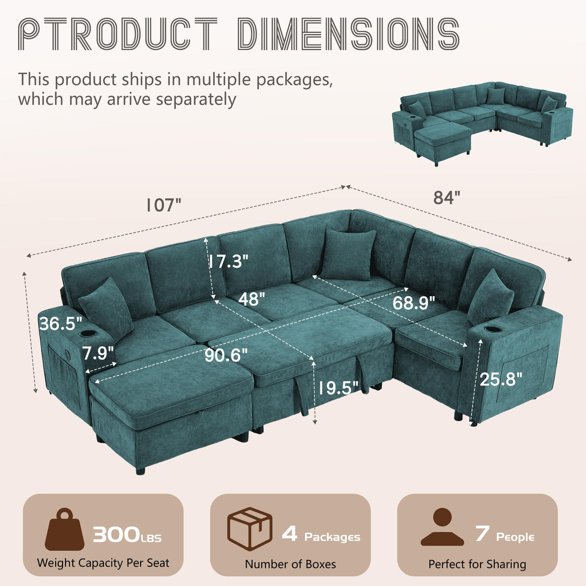 107" Modular Sectional Sleeper Sofa with Pull Out Bed, 7 Seat U Shaped Couch with Storage Ottoman, USB Port & 6 Pillows, Sectional Couches for Living Room & Apartment, Modular Cloud Couch, Green