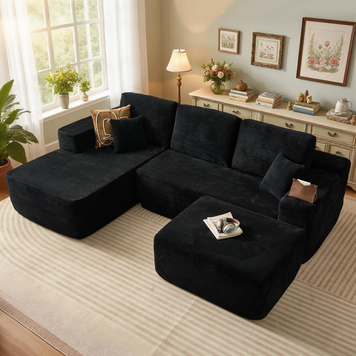 106" Cloud Sectional Couch with L-Shape Chaise & Ottoman, No Assembly Modular Sofa, Deep Seat Plush Corduroy Boneless Couched for Living Room (Black Plush Corduroy, L Shape with Ottoman-Left Facing)