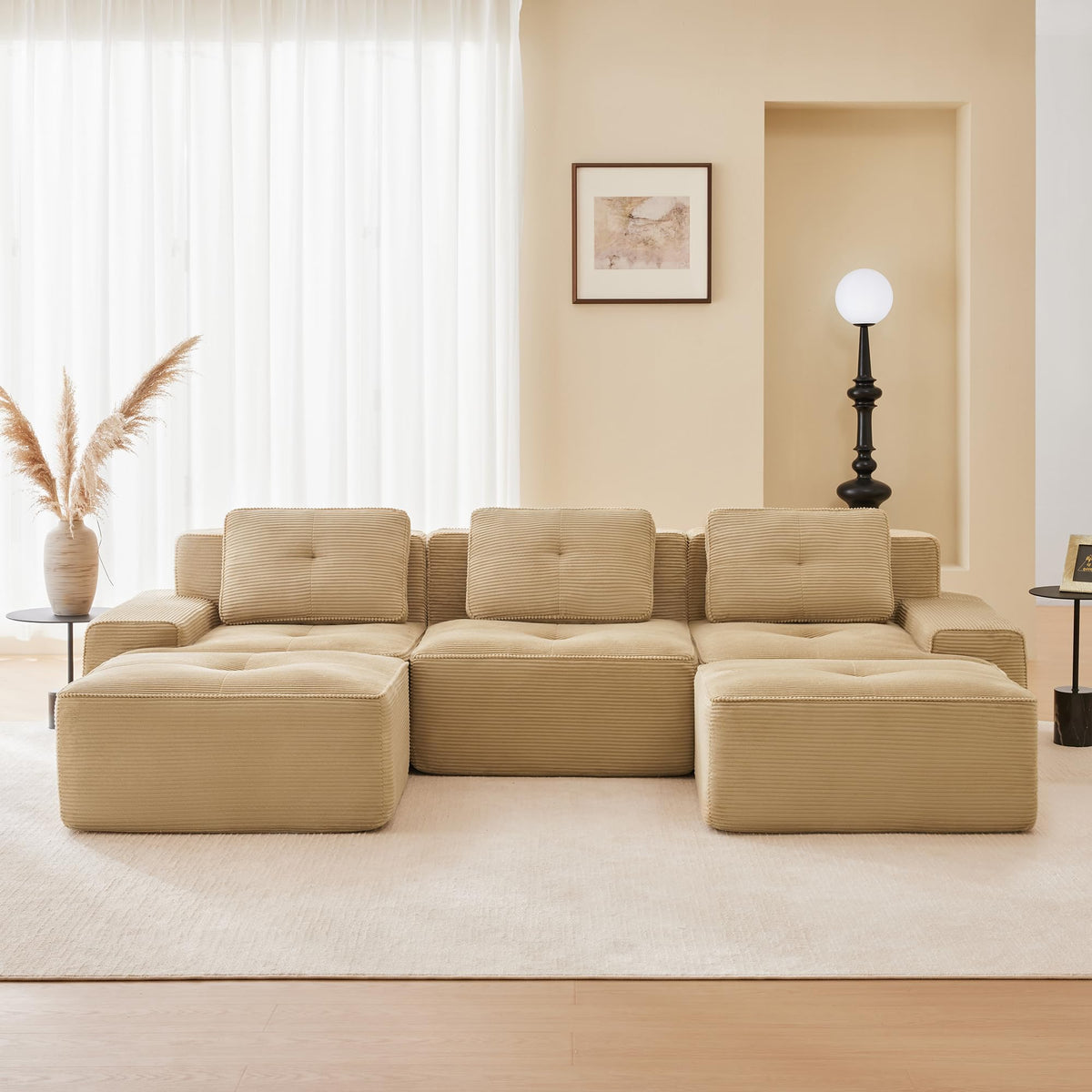115.3” Camel Boneless Couches for Living Room, Modular Sectional Sofa with L-Shape Chaise, 3 Seater Comfy Upholstered Deep Seat Corduroy Fabric Cloud Couch No Assembly, Anti-Slip Design