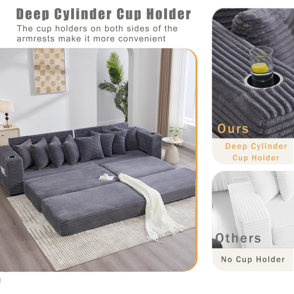 110.75" Modular L Shaped Sofa, Corduroy Fabric Sectional Couch,with a Movable Footstool, Cup Holders,Bring 8 Throw Pillows,Side Pocket,Unfold into a Bed,Dark Gray JZ993