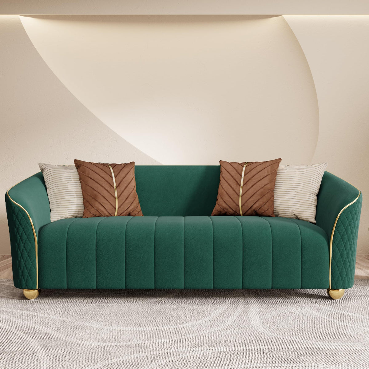 1-Piece Luxury Velvet Sofa Set for Living Room, Elegant Design Couch Set with Curved Armrests and Gold Edge Trim, Tufted Upholstered Couch with Gold Metal Legs (Green, 3 Seater)