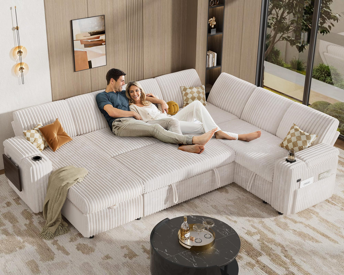 Vipbear 111" Modular Sectional Sleeper Sofa with Pull Out Bed, 7 Seat Plush Corduroy L Shaped Couch with Reclining Backrest|USB|Cupholders|Side Table|Storage Chaise Armrests, Beige