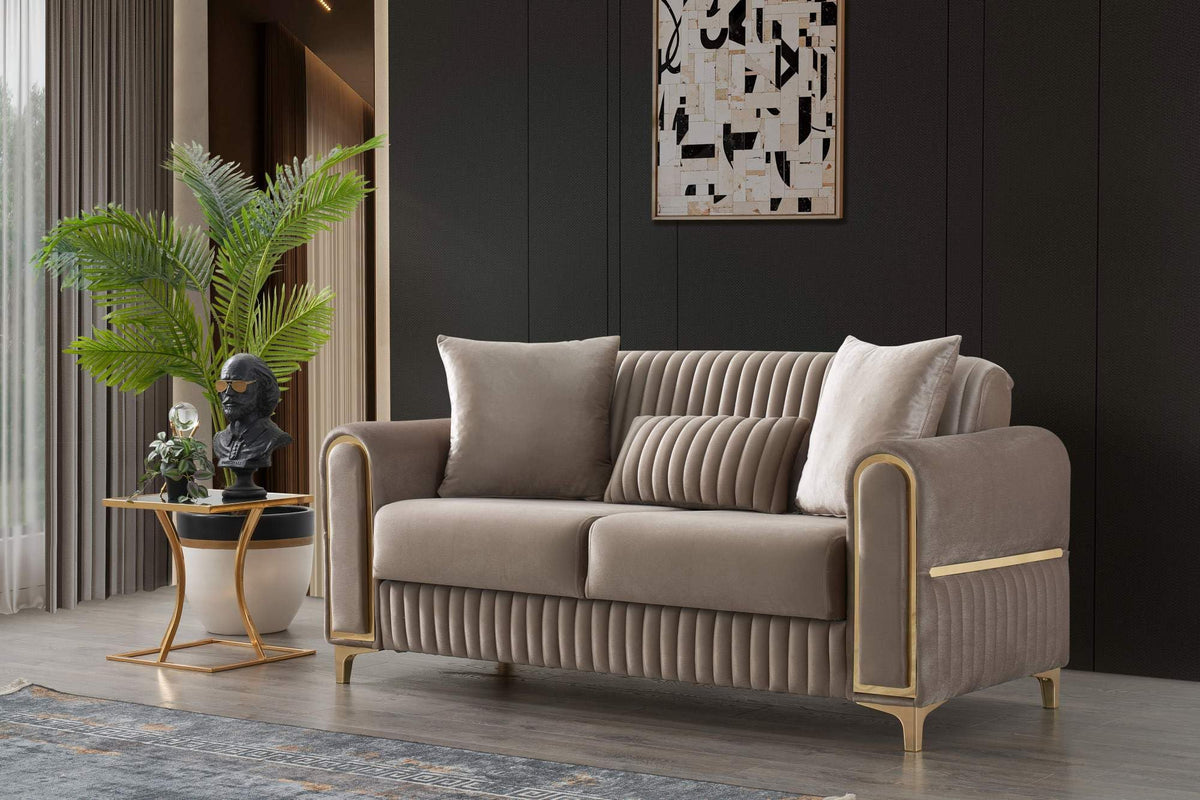 Velvet Upholstered Convertible Loveseat with Wood & Iron Frame in Taupe