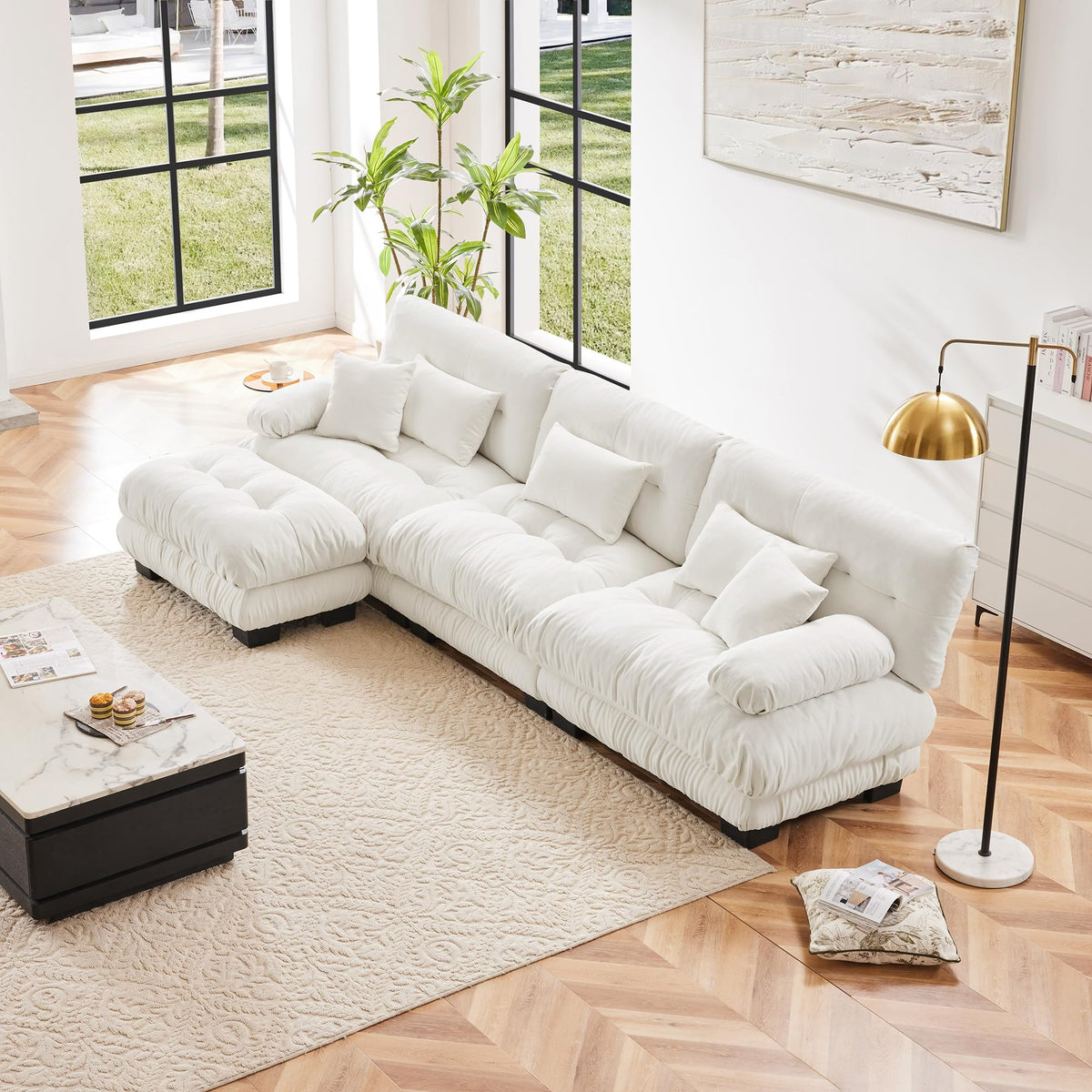 130" Modular Sectional Sofa,Velvet Upholstered Couches for Living Room,3 Seater Green Sofa Couch with Movable Ottoman,Big Comfy Loveseat Sofa with Deep Seats for Living Room,Apartment,Bedroom