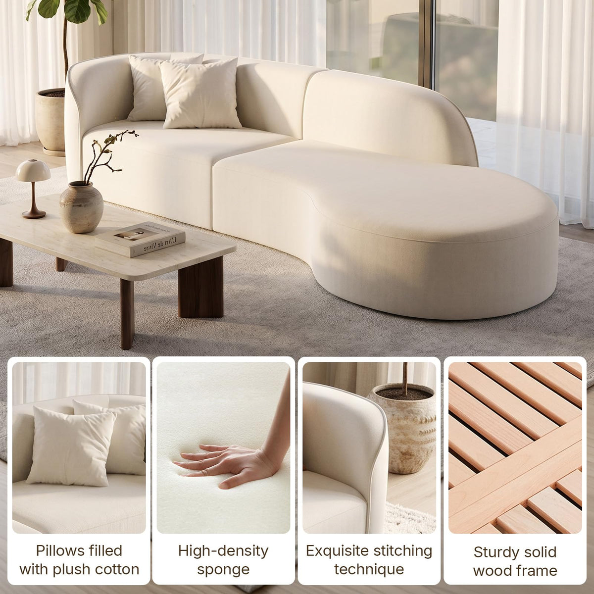 110" Curved Sectional Sofa with Right Chaise, 4-6 Seater Modern Upholstered Couch with Foam Cushions and Solid Wood Frame, Warm Ivory