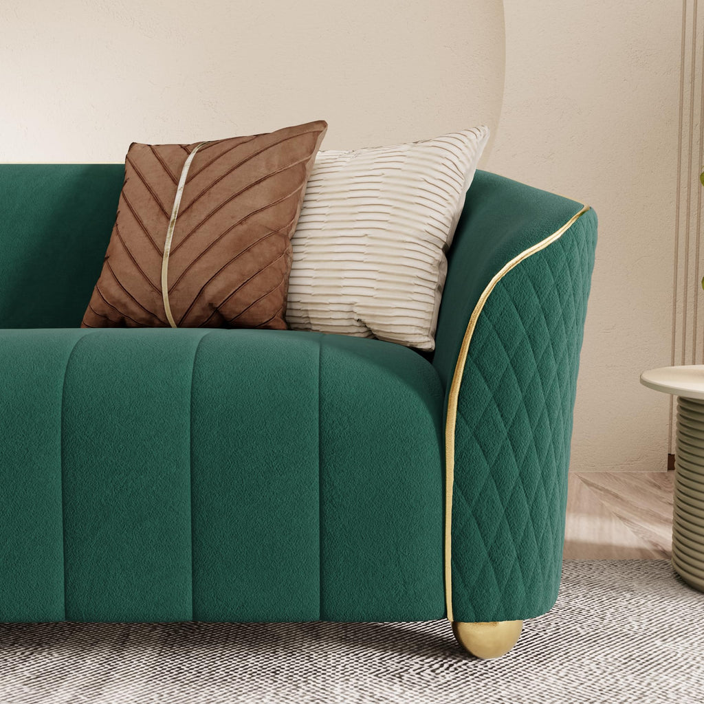 1-Piece Luxury Velvet Sofa Set for Living Room, Elegant Design Couch Set with Curved Armrests and Gold Edge Trim, Tufted Upholstered Couch with Gold Metal Legs (Green, 3 Seater)