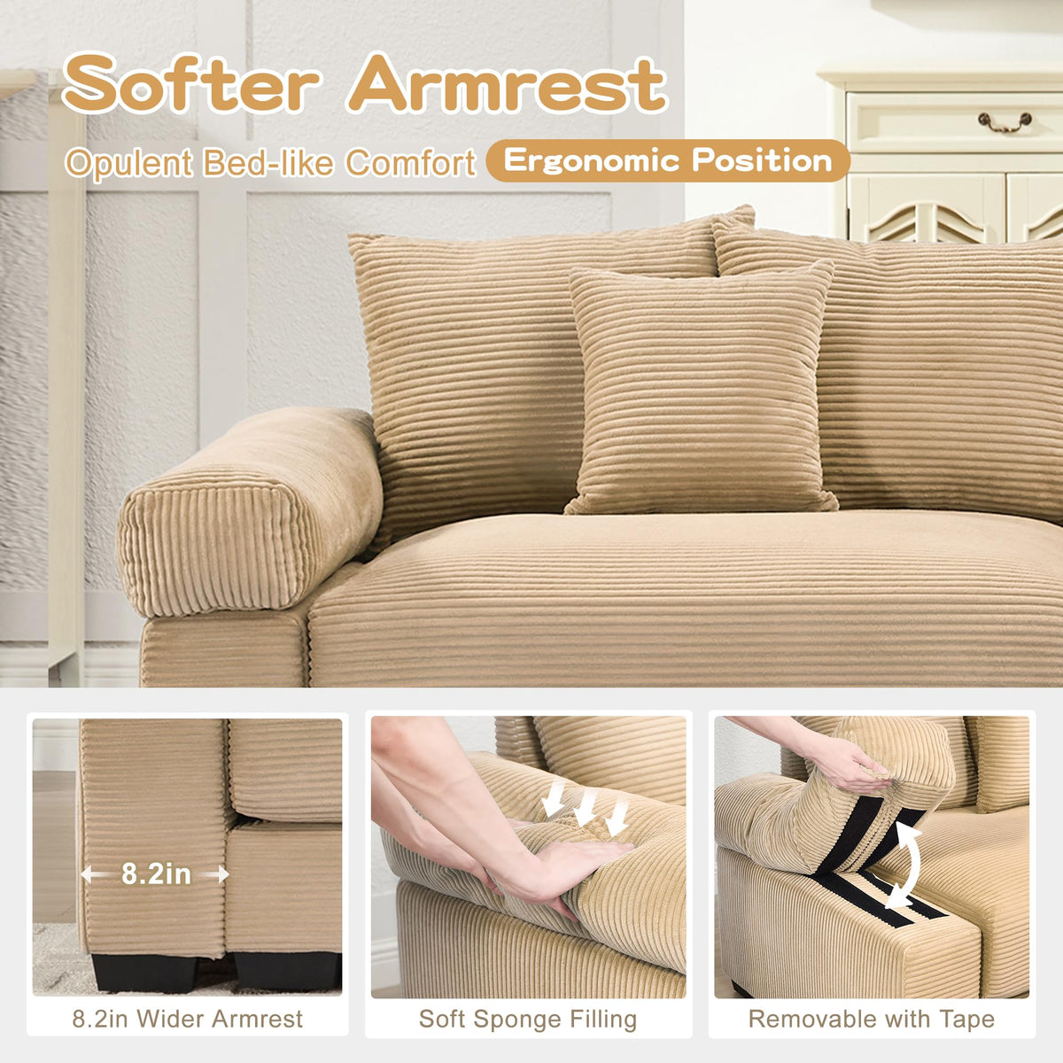 130" Oversized Cloud Modular Sectional Couch,Corduroy 3 Seater Sofa Extra Thick Armrests Good Resilience Cushion Ergonomic Design,Easy Assembly Suitable for Living Rooms Studies,Camel WM213