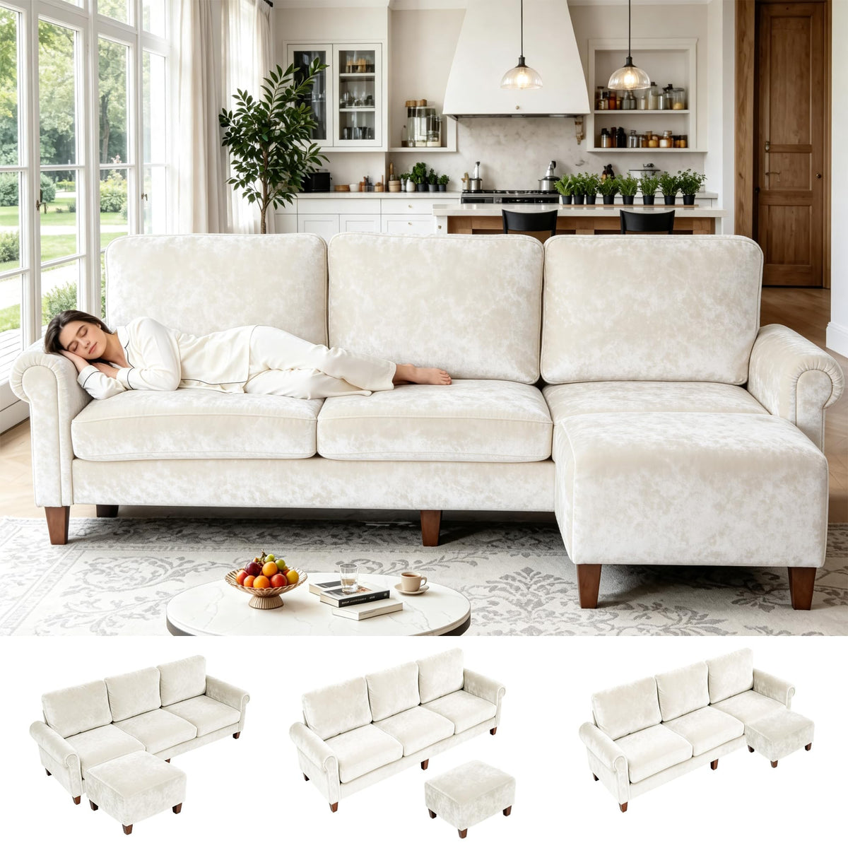 100" Modular Sectional Sofa, L-Shaped Velvet Couch for Small Spaces